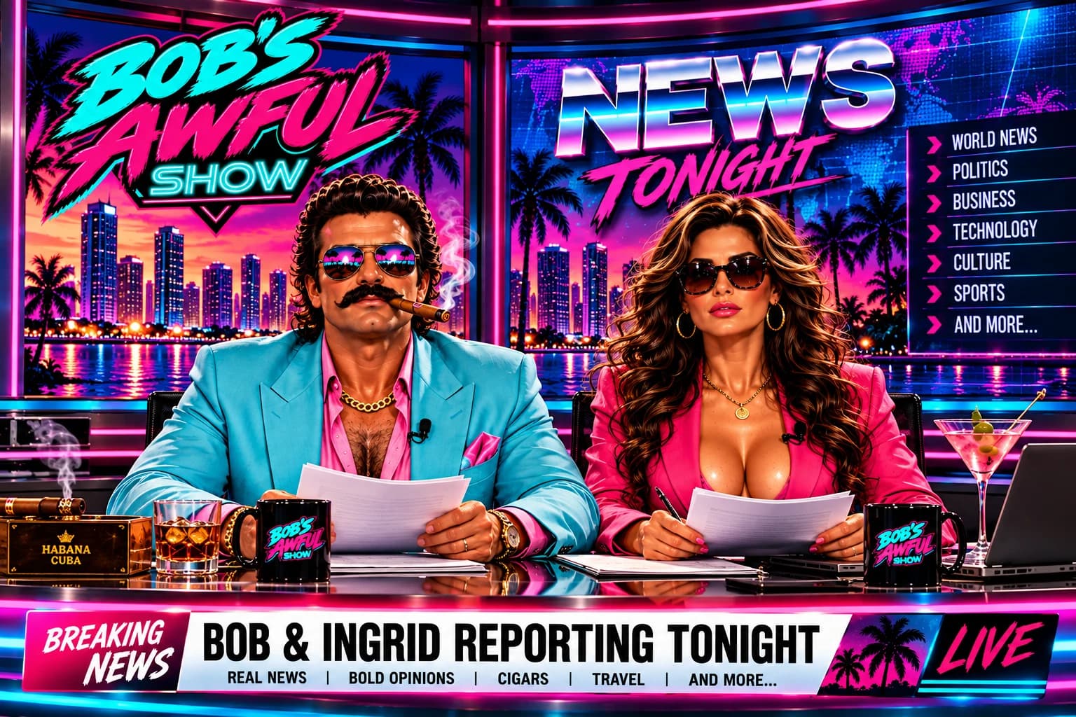 Bob and Ingrid presenting News Tonight in a neon Miami studio