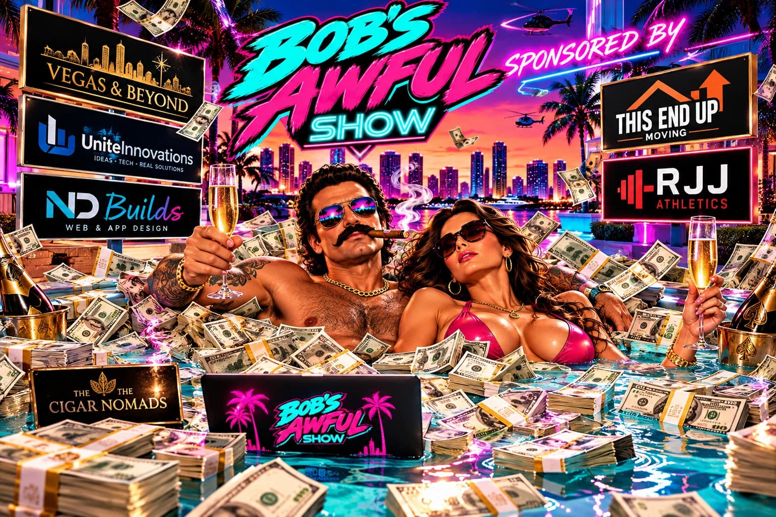 Bob's Awful Show neon Miami sponsorship celebration