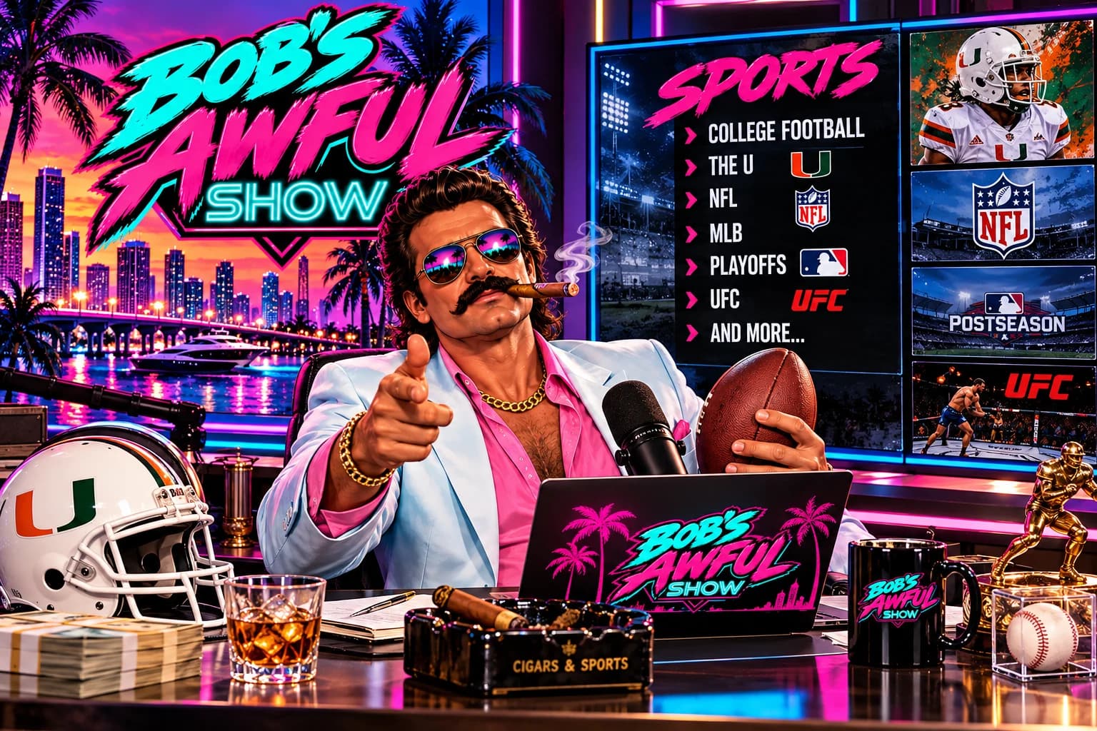 Bob presenting Florida sports in a neon Miami studio