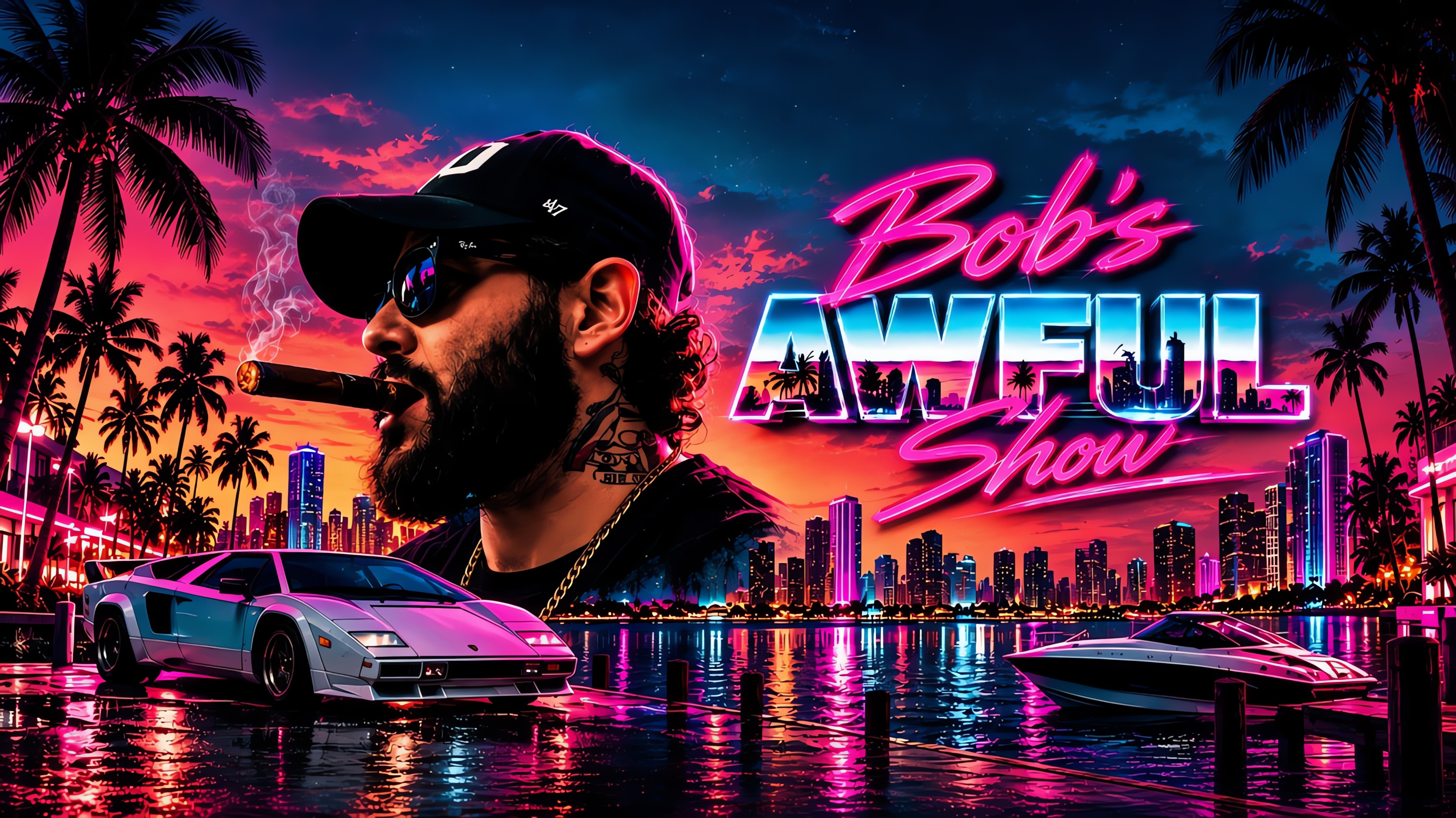 Bob with a cigar in front of a neon Miami skyline